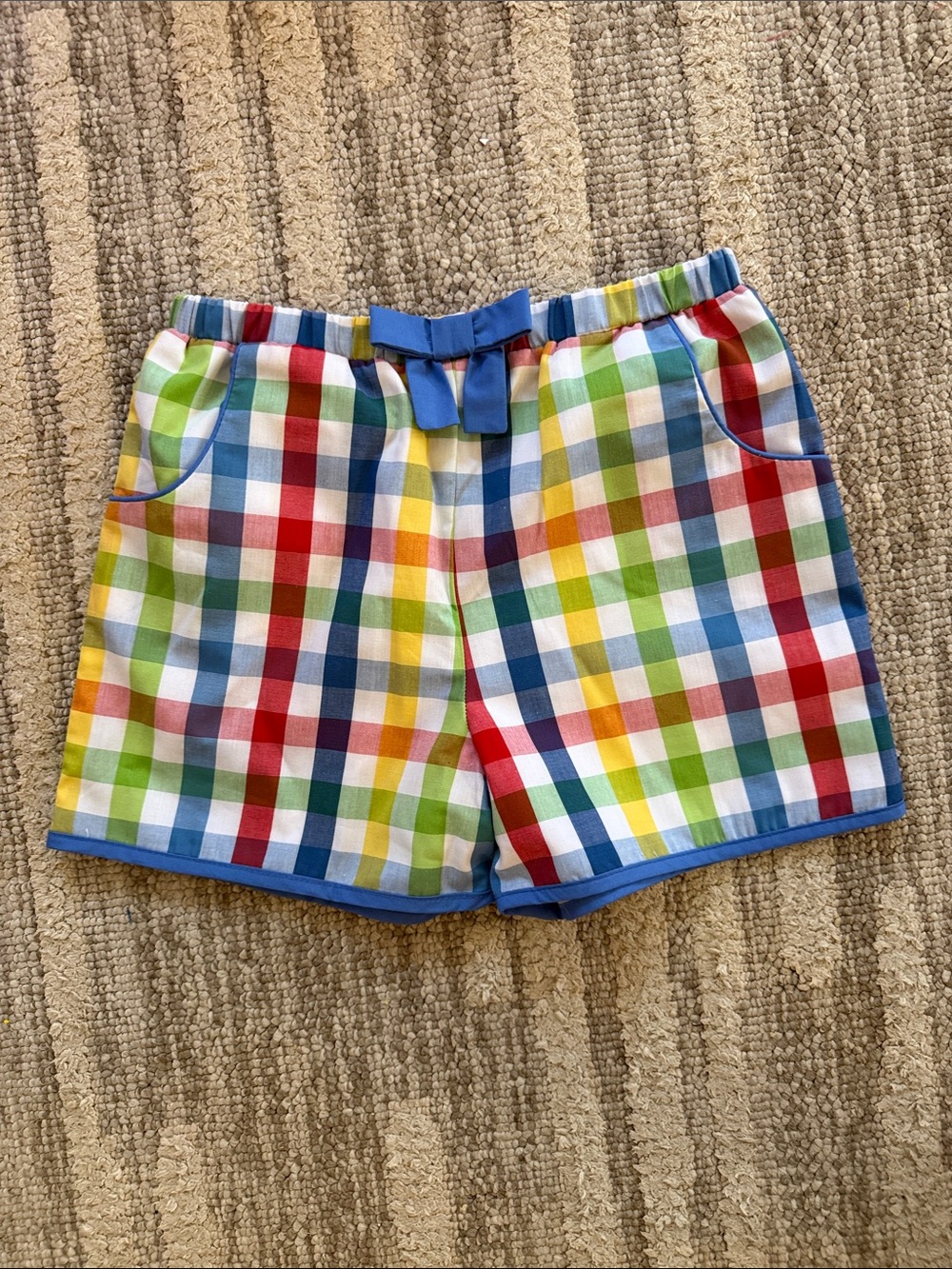 The Beaufort Bonnet Company Girls' Rainbow Gingham Shorts with Blue Trim